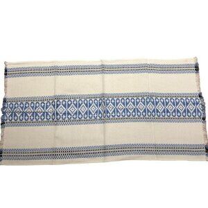 Vintage Hungarian Woven Small Table Runner 32 Inch Light Blue White